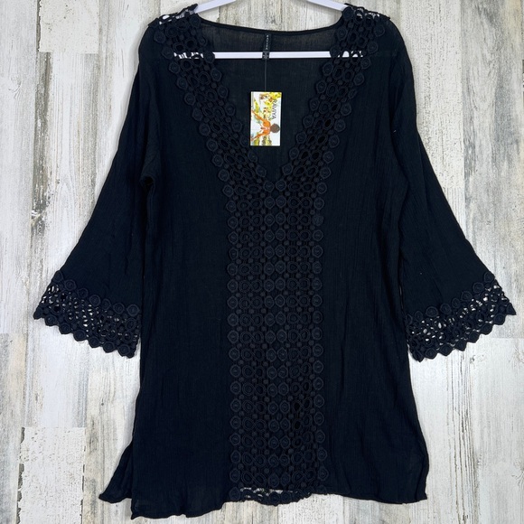 NEW! RAVIYA Women's Beach Swimsuit Coverup Gauze Dress Large‎ Black w Lace Front - Picture 1 of 13